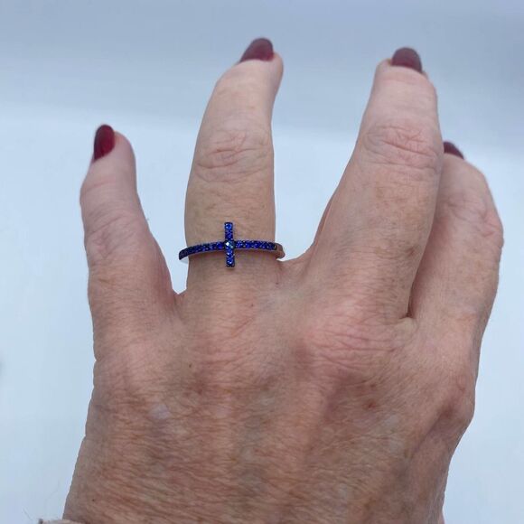 Blue Sapphire Cz Sterling Silver Sideways Cross Ring Size 7 - Picture 8 of 14